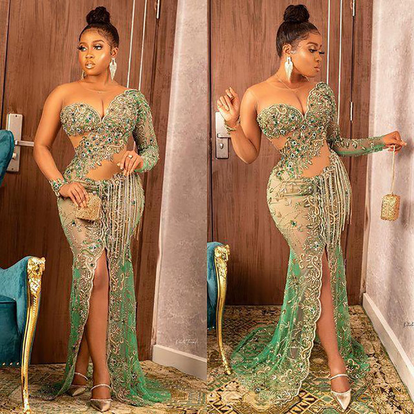 QueenLine  Green Luxury Split Evening Dresses Long Sparkly Beaded Mermaid Prom Gowns Sexy Celebrity Dress Plus Size for women 
