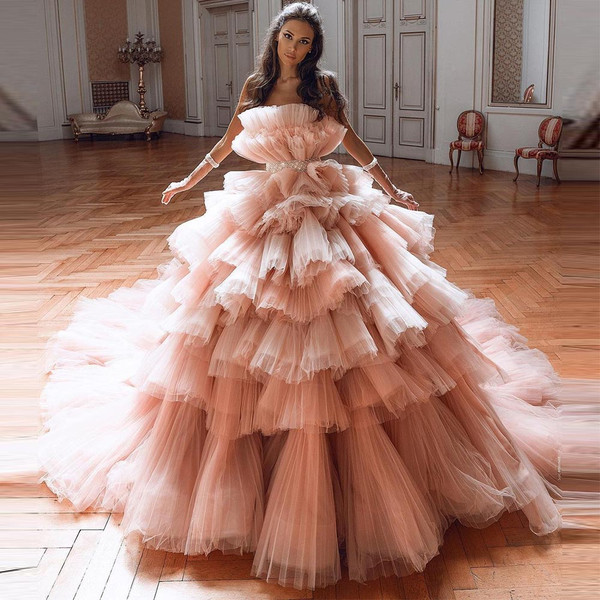 QueenLine Gorgeous Pleated Tiered Tulle Evening Dresses Beading Crystal Ruffled A-Line Prom Gowns Wedding Party Dress with Belt
