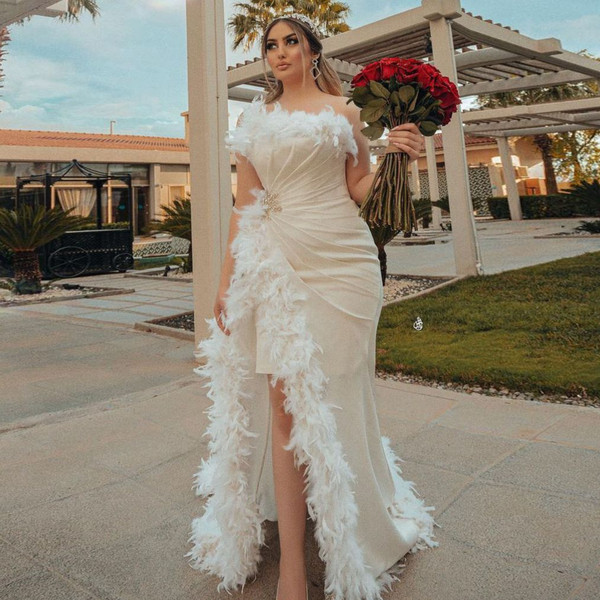 QueenLine White Elegant Exquisite Evening Dress Strapless Floor Length High Split Feather Dubai Wedding Dress Special Occasion Prom Dress