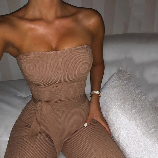 QueenLine Ribbed Off Shoulder Sexy Jumpsuit Women Strapless Drawstring Summer Women Rompers Skinny Backless Rompers Womens Jumpsuit