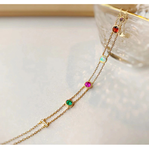 QueenLine Natural Blue Opal Saphire Emerald Real Diamonds 18K Yellow Gold Orignal Double Chain Bracelet gifted for Women