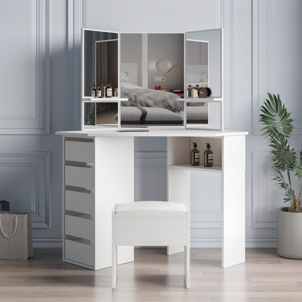 QueenLine Corner Dressing Table Makeup Desk with Three-Fold Mirror and 5 Drawers Wooden Bedroom Vanity Table (White)