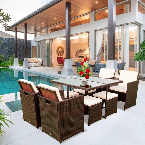 QueenLine 9 Pieces Patio Dining Sets Outdoor Rattan Chairs with Glass Table Patio Furniture Conversation Set