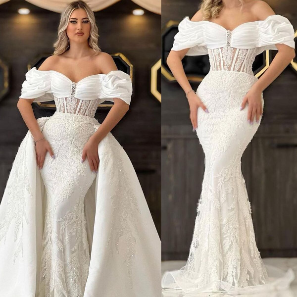 QueenLine Elegant Mermaid Bridal Gowns Off Shoulder Ruched Wedding Dress Custom Made Lace Appliques Embroidery Vestido de novia