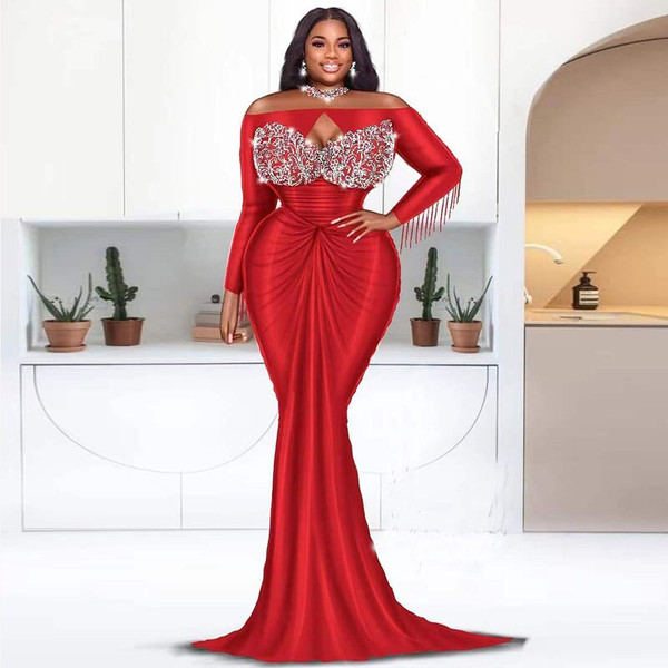 QueenLine Saudi Arabia Red Mermaid Evening Gowns Aso Ebi Style Plus Size Long Sleeves Prom Dresses African Lace Appliques Party Dress