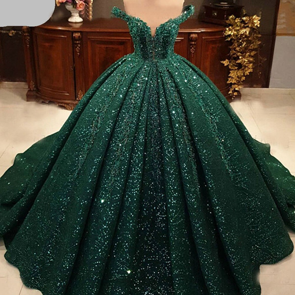 QueenLine Arabic Green Sequins Beading Wedding Dresses Sexy Off Shoulder Lace Applique Evening Party Gowns 