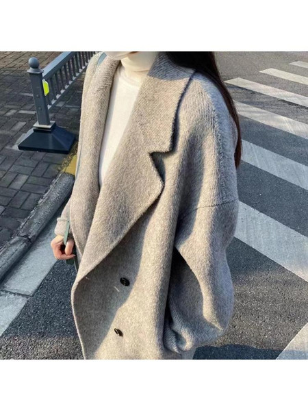 QueenLine Korean Style Double Breasted Silk Rabbit Woolen Long Overcoat Handmade Loose Pink Gray Wool Coat Jacket