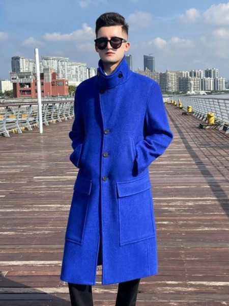 QueenLine Trench Long Wool Double breasted Thickened Liner Neck Protection Warm Fashion Blue men's Coat