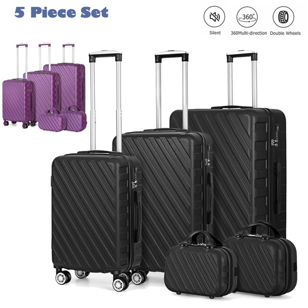 QueenLine 5Pcs Carry On Purple Set ABS Hardshell Trolley Suitcase +TSA Lock with Spinner Wheel Luggage Set