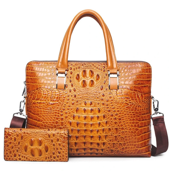 QueenLine Luxury 100% Cow Genuine Leather Men's Briefcase Shoulder Bag Alligator Tote Handbag