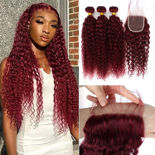 QueenLine Curly Human Hair Weave Bundles 99J Red Hair Extensions Brazilian Burgundy 3/4 Bundles With Closure