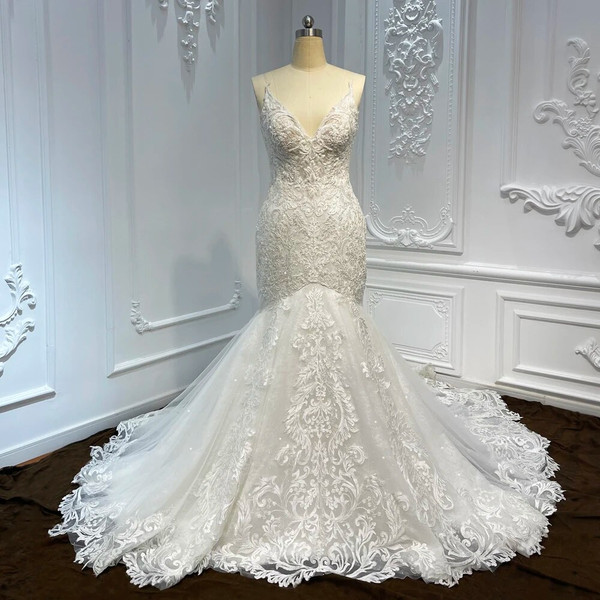 QueenLine Elegant Mermaid V-neck Spaghetti Straps Button Backless Embroidery Wedding Dresses