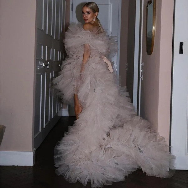  QueenLine Gorgeous Tiered Ruffles  Off the Shoulder Pleat Ruched Tulle Evening Gowns 