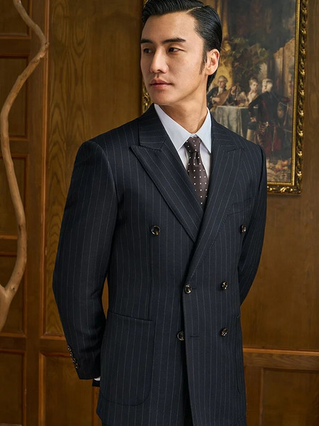 QueenLine 100% Wool Suits Double Breasted Striped (Jacket Vest Pant) Slim Fit Blazer Sets