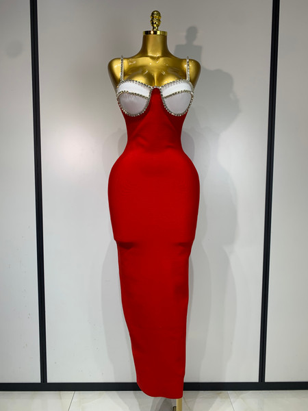 QueenLine Luxury Celebrity Elegant Sexy Backless Diamonds Red Maxi Long Bodycon Bandage Dress