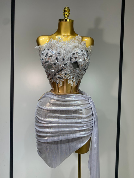 QueenLine Fashions Handmade Newest Sparkly Blue Crystals Sequins Sexy StraplessTwo Pieces Set Short Dress