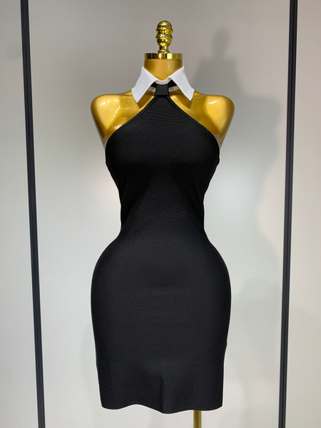 QueenLine Elegant Sexy Backless White Shirt Collar Black Mini Bodycon Bandage Evening Dress