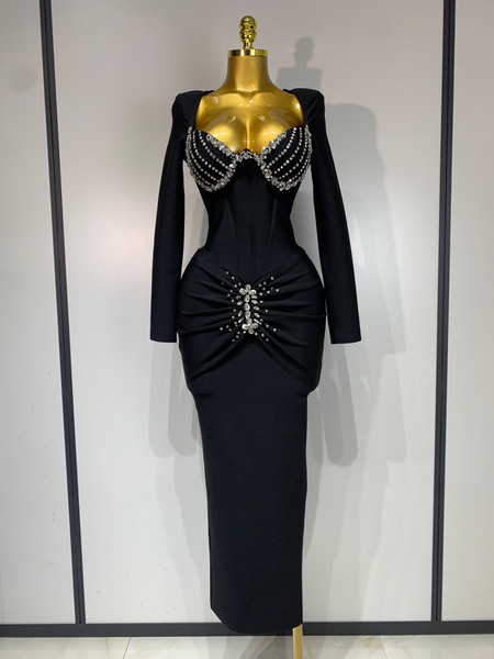 QueenLine Celebrity Elegant Sexy Luxury Sparkly Beading Bandage Long Sleeve Bodycon Evening Dress