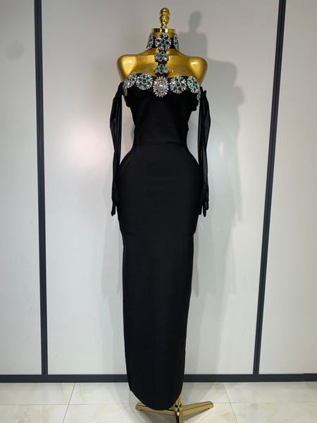 QueenLine Celebrity Elegant Sexy Diamonds Crystal Off Shoulder Maxi Long Bodycon Evening Bandage Dress