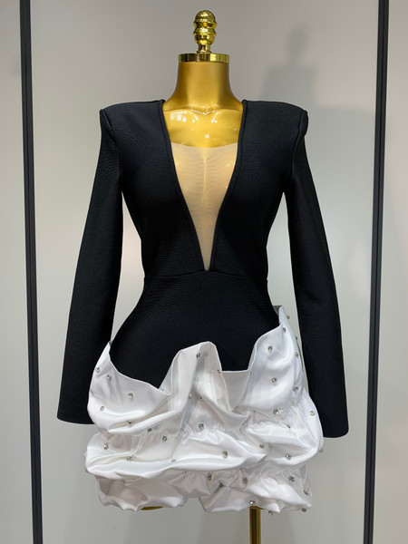 QueenLine Celebrity Elegant Luxury Sexy Black Deep V Neck Bandage Long Sleeves Ruched Bottom Dress