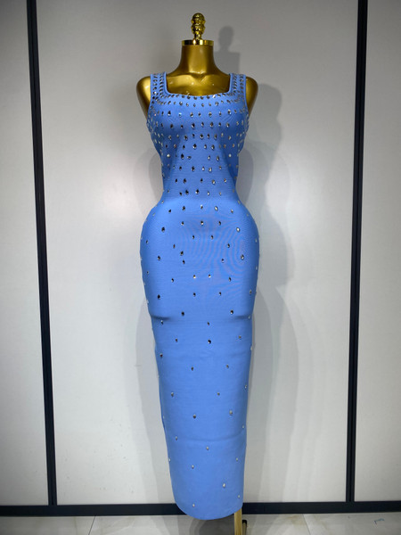 QueenLine Celebrity Elegant Sparkly Rhinestone Bandage Long Elastic Sleeveless Bodycon High Street Evening Dress