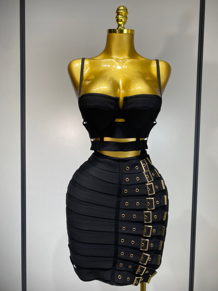 QueenLine Celebrity Sexy Black Cut Out Bodycon Bandage Evening Skirt Two Piece Set
