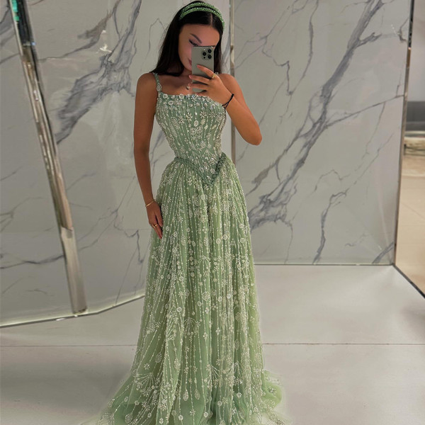 QueenLine Elegant Luxury Arabic Sage Green Evening Dress