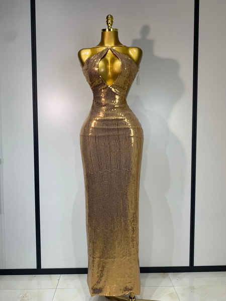 QueenLine Celebrity Sparkly Elegant Luxury Sexy Backless Halter Gold Glitter Sequins Maxi Long Evening Dress