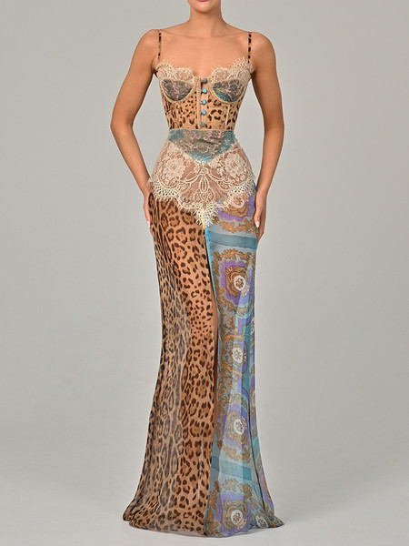 QueenLine Leopard Print Lace Split Sexy Maxi Elegant Patchwork Chiffon Sleeveless Backless Beach Evening Dress