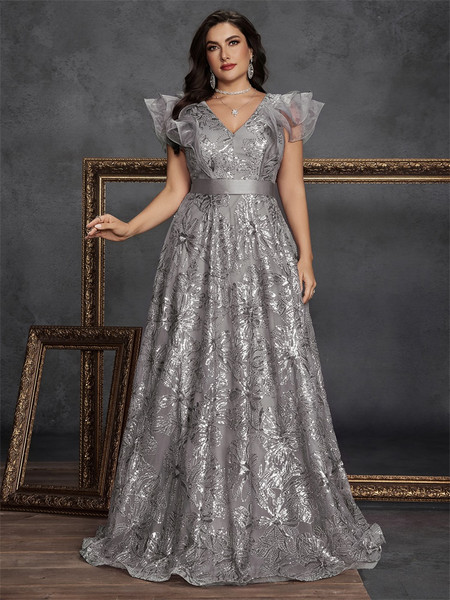 QueenLine Elegant V-back Plus Size Luxury V-Neck Grey Sequins Evening Long Prom Cocktail Dress
