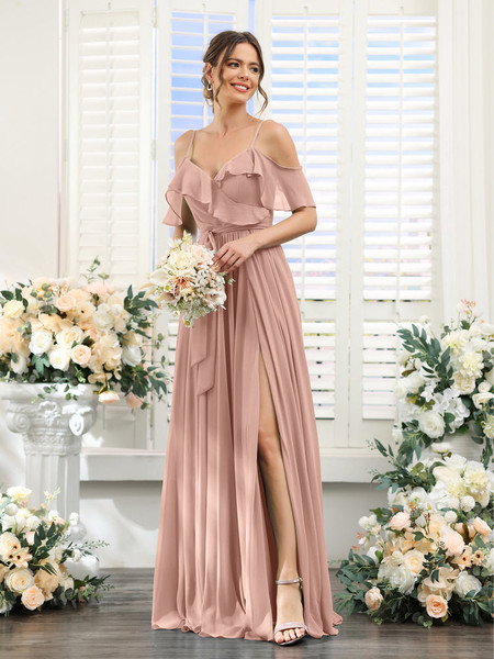 QueenLine Classic Off Shoulder Chiffon Bridesmaid With High Slit Long A Line Floor Length with Pockets Dress