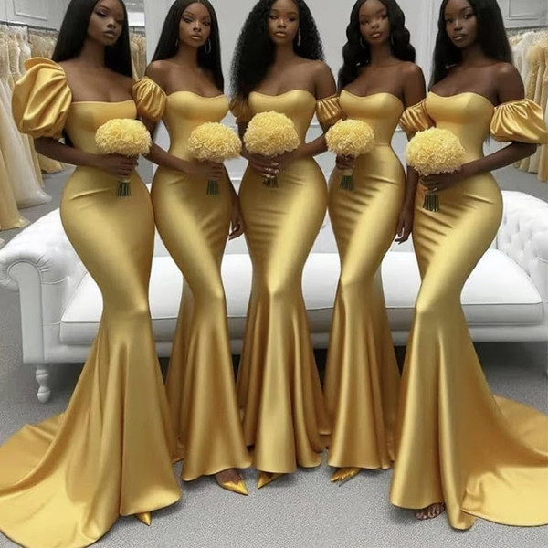 QueenLine Customized Mermaid Gold African Bridesmaid Cap Sleeves Dress