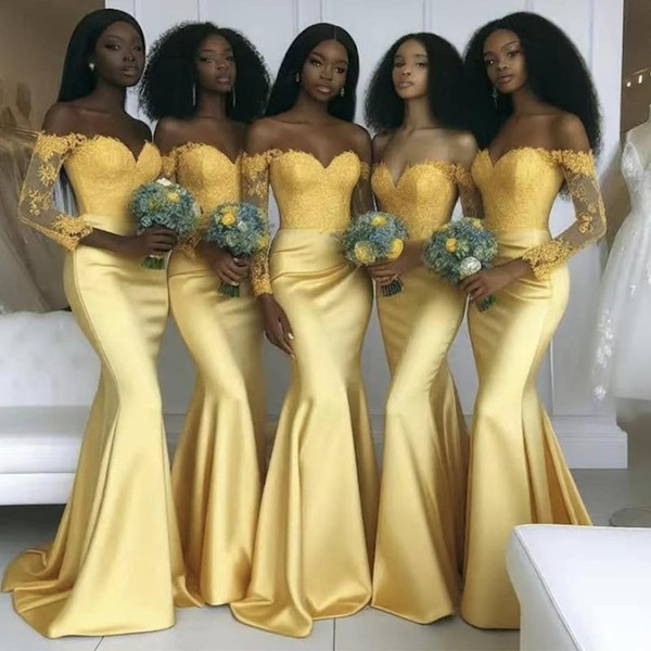 QueenLine Customized Long Sleeves Yellow Mermaid Bridesmaid Off Shoulder Maid Of Honor Dress
