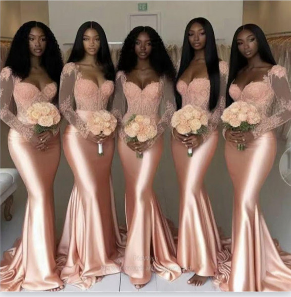 QueenLine Customized Long Sleeves Mermaid Peach African Bridesmaid Dress