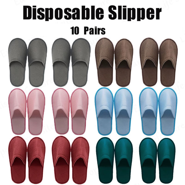 QueenLine 10 Pairs Disposable Slipper Non-Slip Closed Toe House Slippers Unisex Brushed Plush Slides