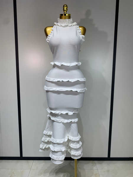 QueenLine New High quality White Elagant Retro Ruched High Collar Bodycon Bandage Evening Dress