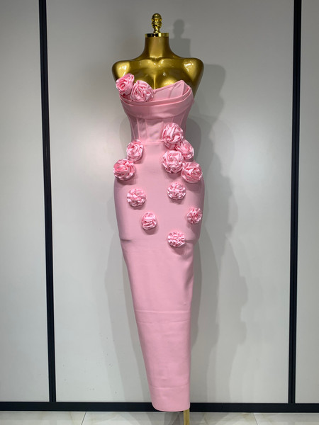 QueenLine Elegant Celebrity Sexy Strapless Backless Flower Maxi Long Bodycon Bandage Evening Dress