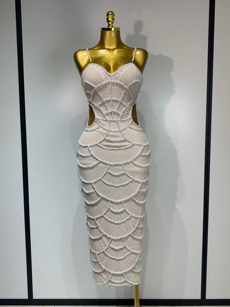 QueenLine Elegant Celebrity Luxury Sexy V Neck Pearl Beading Cut Out Maxi Long Bodycon Prom Evening Dress