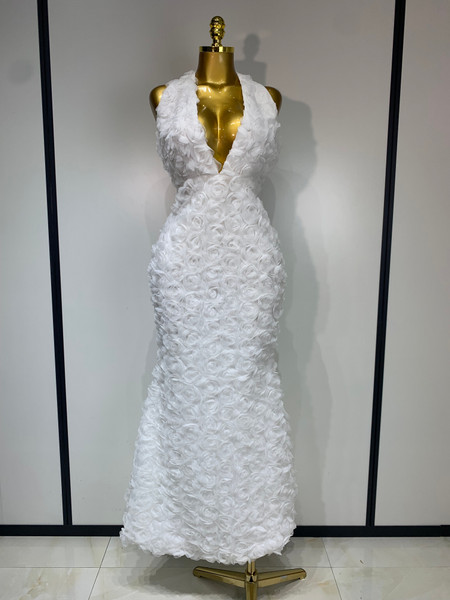 QueenLine Luxury Elegant Sexy Backless Halter V-neck Florals Bodycon Long White Evening Dress