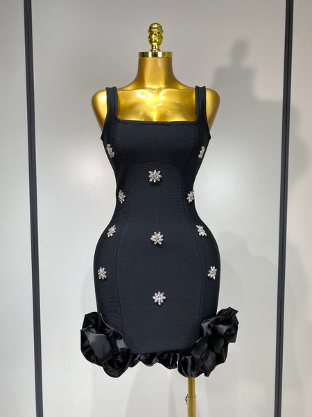 QueenLine Elegant Luxury Celebrity Sexy Sleeveless Square Collar Crystal Bodycon Mini Bandage Evening Dress