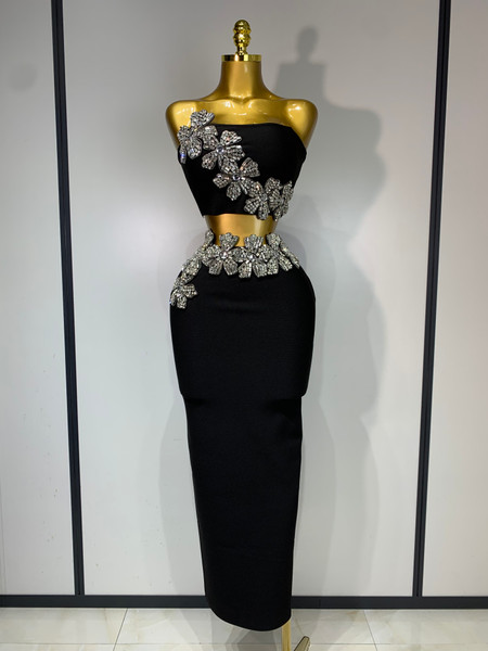 QueenLine Celebrity Elegant Sexy Strapless Flower Diamonds Black Maxi Long Knitted Evening Bandage Two Piece Set