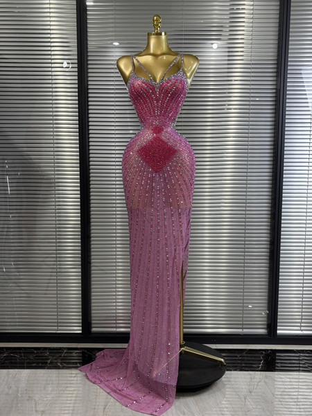 QueenLine Elegant Celebrity Pink Color Sleeveless Sexy V-Neck Shinning Rhinestones Bodycon Floor-Length Evening Dress