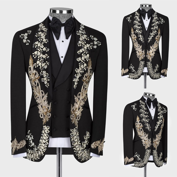 QueenLine Luxury Blazer Vest Tuxedo One Button Appliques Sequins Beaded Slim Fit Wedding Groom Prom 2 Pieces Men Suit