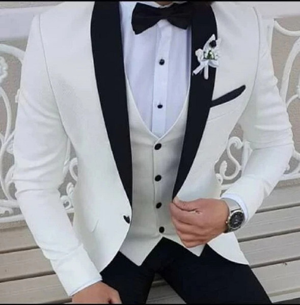 QueenLine White Suit Black Shawl Lapel Formal Tuxedos Men Wedding Suit Men Prom Coat Pant With Pants