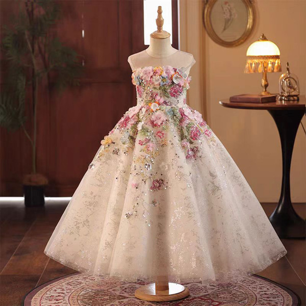 QueenLine Floral Luxury Long Handmade Flowers Beads Princess Wedding Birthday Girl Dress