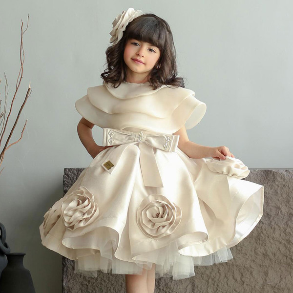 QueenLine Elegant Beige Handmade Flowers with Headgear Wedding Birthday Holiday Party Girl Dress