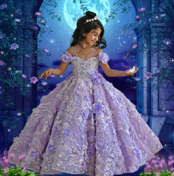 QueenLine Lavender Flower Girl Floral Appliques Bead Floor Length First Holy Communion Dress