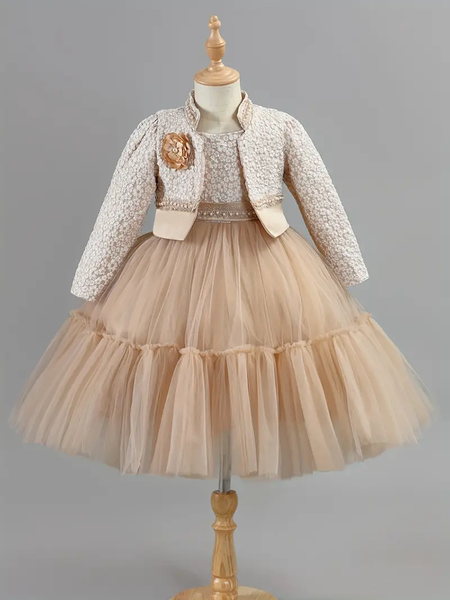 QueenLine Spring Autumn Khaki Lotus Lace Cute Princess and Coat Girls Dress Set 2-8 Year old