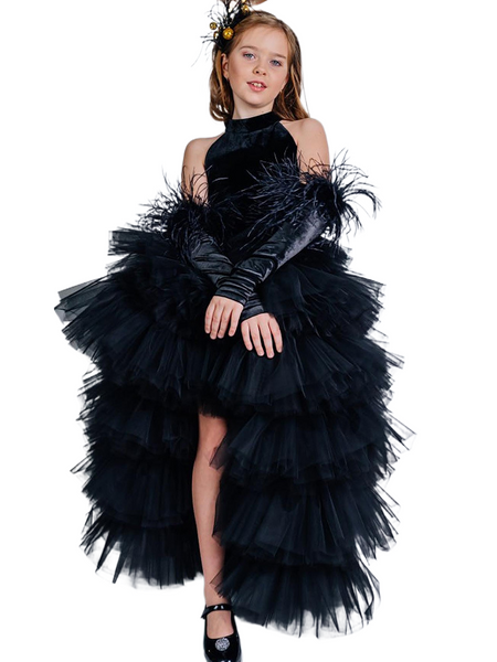 QueenLine Black children's halter princess birthday model catwalk short long Shaggy gauze dress