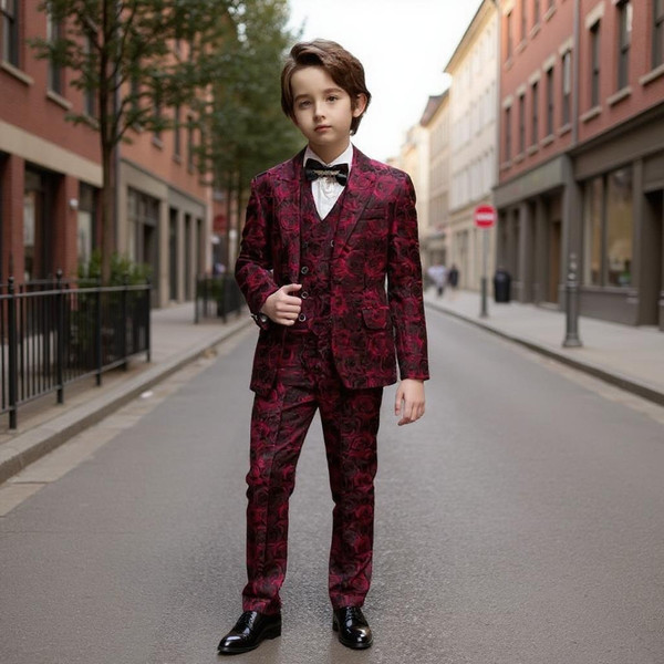QueenLine Floral Tuxedo Jacquard Performance Wedding 3 Pieces Formal Suit Boys 3-16 Years Old